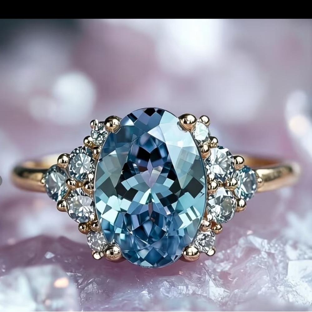 14 K Gold Plated Ring with Blue Oval Synthetic Cubic Zirconia